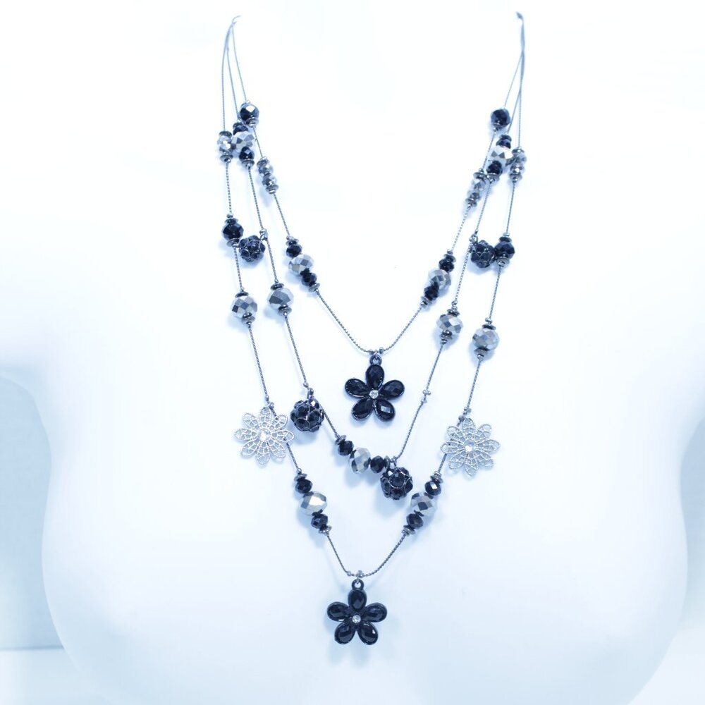 Black Floral Faceted Bead Gunmetal Silver bib Layered Charm Statement Necklace